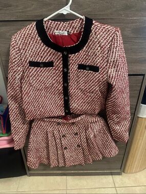 Red & White Tweed Skirt Set with Black Trim size XS